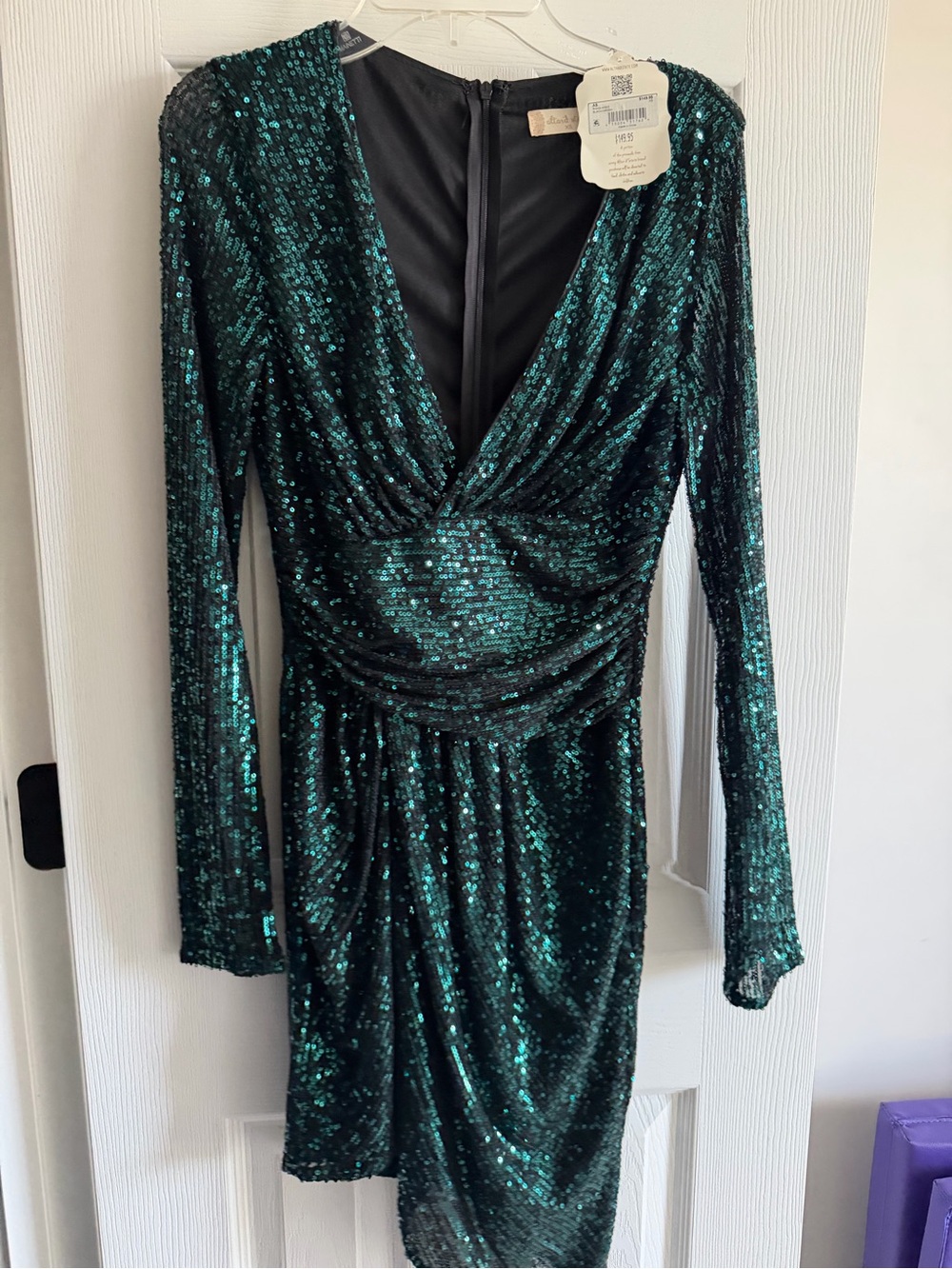Altar'd State Emerald Green Sequin Draped Long-Sleeve Dress